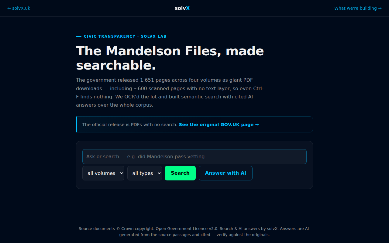 The Mandelson Files semantic search tool